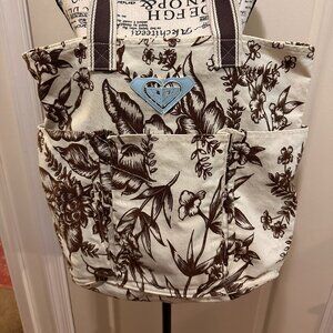 Roxy Tote Bag brown and white botanical floral pattern with blue logo